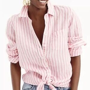 J. Crew Pink and White Striped Button Down Tie Front Linen Shirt Sz 2